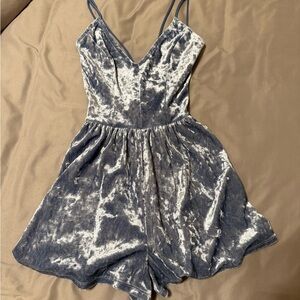 La Hearts Gray/Light Blue Velvet Romper with Spaghetti Straps